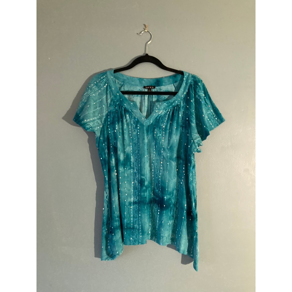 Sami & Jo green short sleeve v-neck embroidered sequined tunic size large